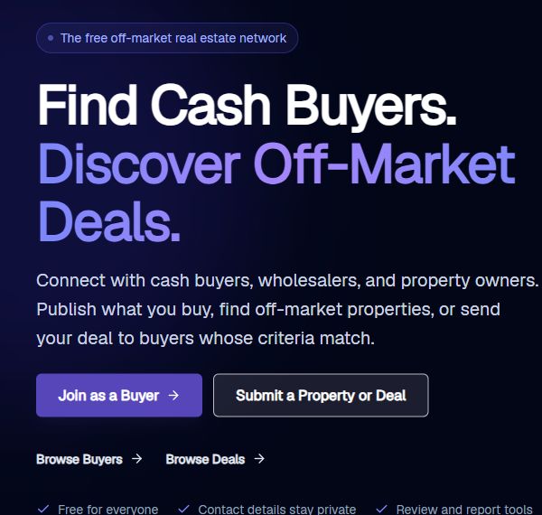 Actual Open Buyers List homepage introducing cash buyers and off-market deals
