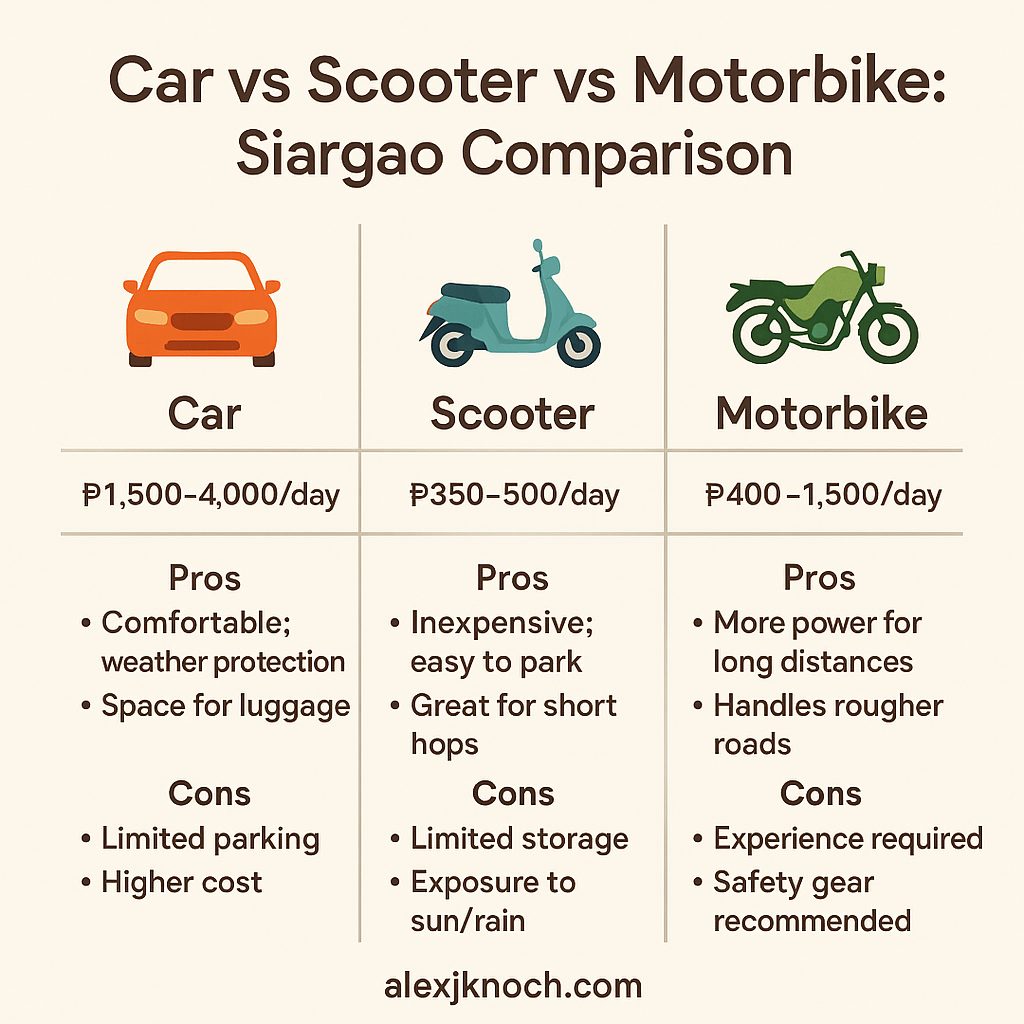 Car vs Scooter vs Motorbike Rental in Siargao